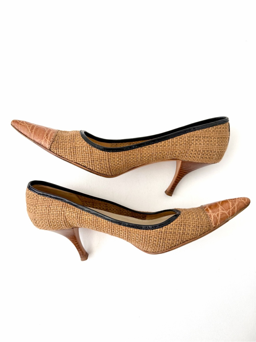 PRADA | Vintage Raffia Woven Leather Tan Pointed Toe Kitten Heel Pumps EU 37 - Picture 7 of 14